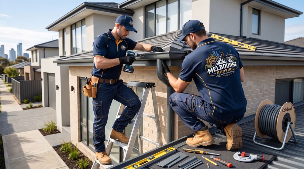 Two-person crew installing guttering and downpipes
