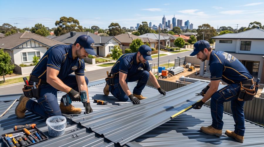Commercial roofing crew installing a large metal roof