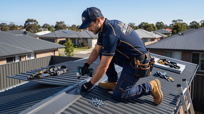 Roofer securing Colorbond roof sheeting