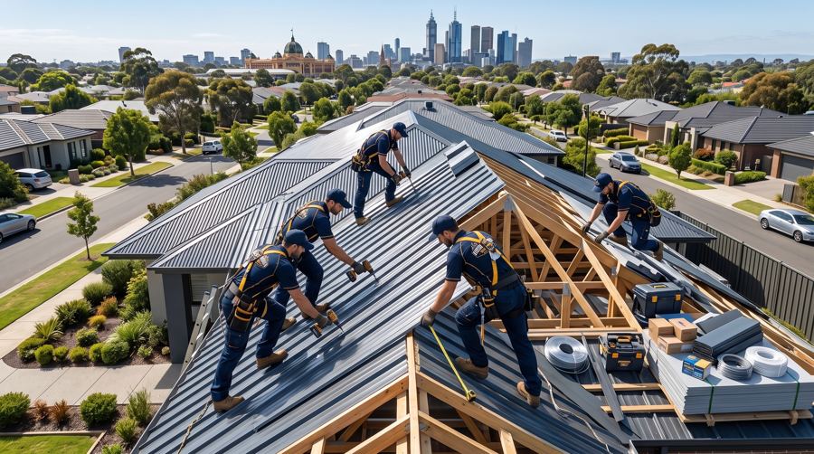 MRHI crew installing a Colorbond roof with the Melbourne skyline behind them