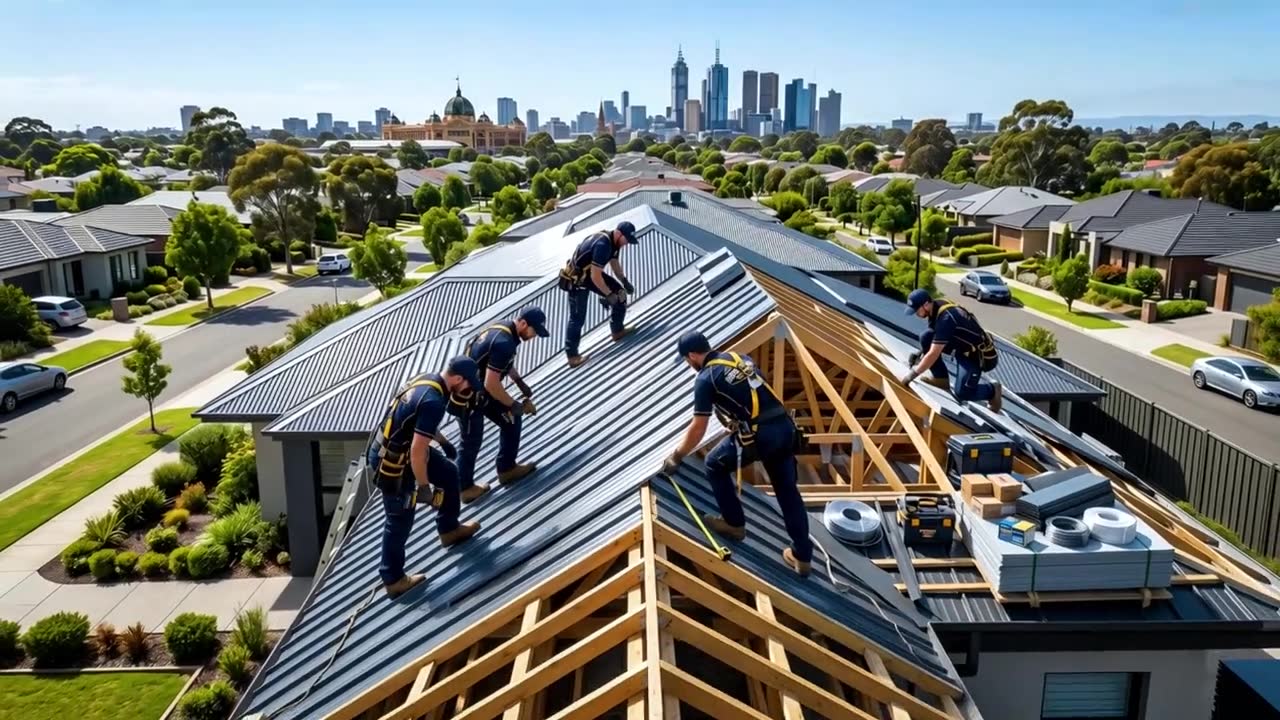 Crew framing a new roof structure with the Melbourne skyline behind them